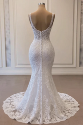 White Mermaid Spaghetti Strap Lace Tulle Wedding-Dresses with Beaded-27dress